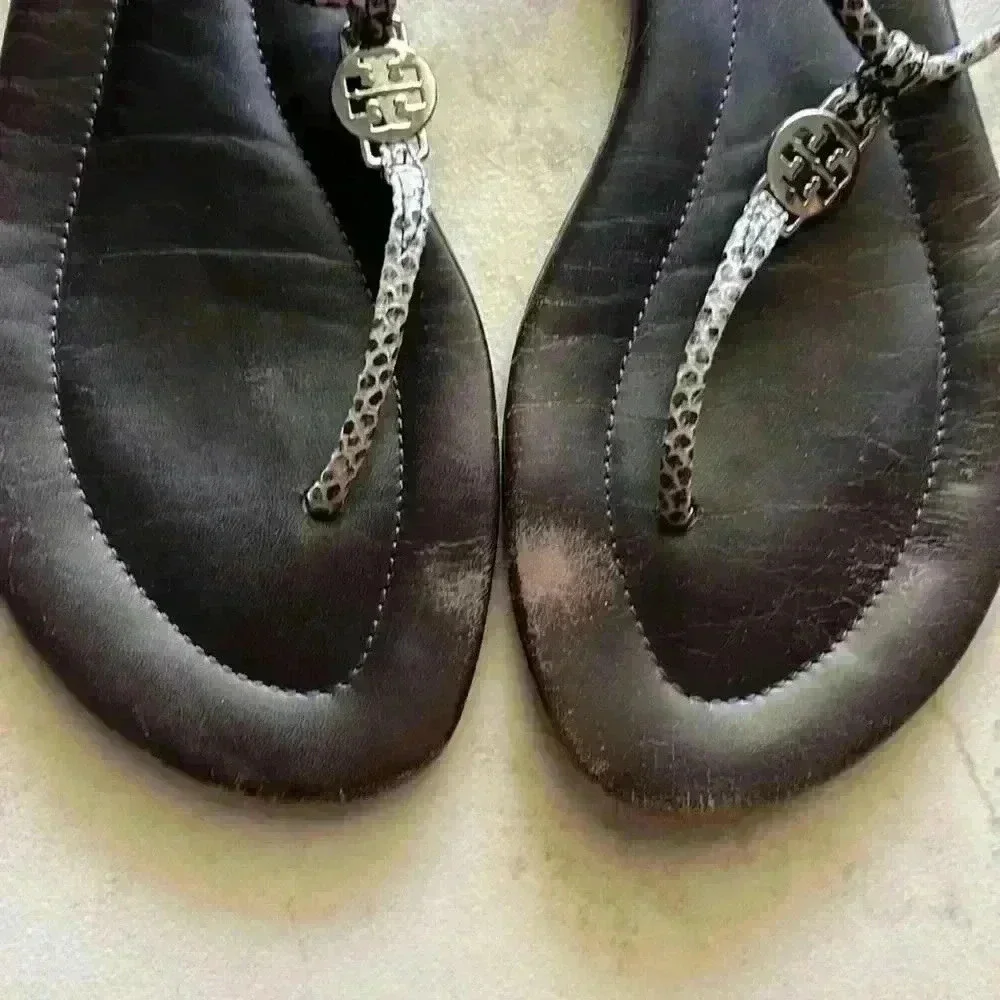 Tory Burch, black animal, print T-strap sandals 8